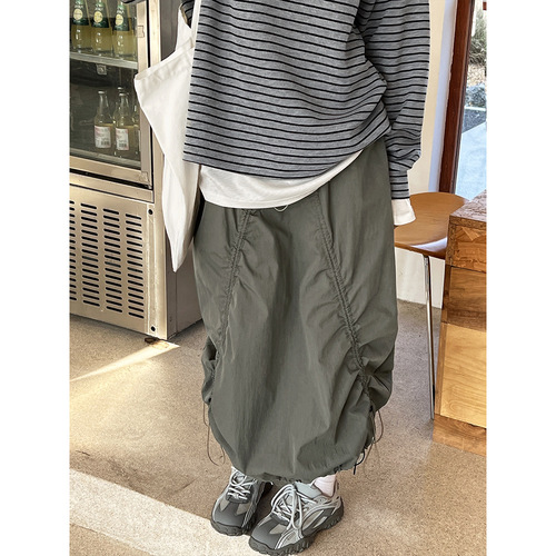 Luxe West Japanese Retro Drawstring Workwear A-Line Maxi Dress for Women 2025 Spring Streetwear 3523
