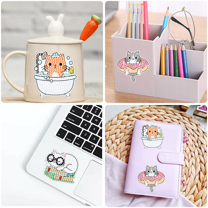 Pegatinas de Diamantes con Diseño de Gatito de Dibujos Animados para Paredes de Ladrillo, Pegatinas Infantiles, Decoración con Diamantes Redondos