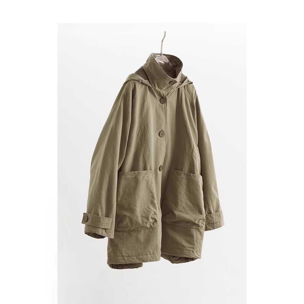 In Stock--Shop Owner's Personal Collection, Loose-Fitting Workwear-Style Cotton Coat, Trench Coat, Hooded Mid-Length Coat, Cotton Clothing for Women