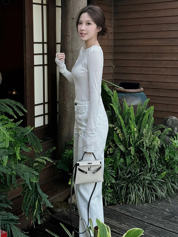 韩系白色薄款圆领长袖t恤女夏季辣妹高腰空调防晒罩衫正肩短款上|undefined