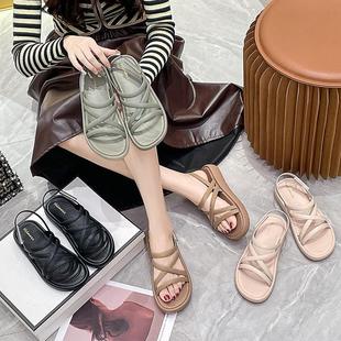Women's Thick-soled Sandals for 2024 Summer All-match Korean-style Soft-soled Flat Roman Shoes with Thin Strap