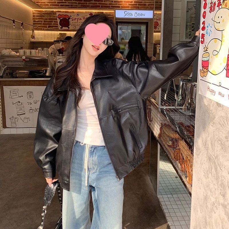 Women's Leather Jacket Spring and Autumn Hong Kong Style Black Petite Loose Versatile Slimming American Retro Biker Jacket