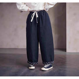 冬季新款文艺复古原创洗成黑夹棉百搭保暖棉裤宽松休闲长裤直筒裤