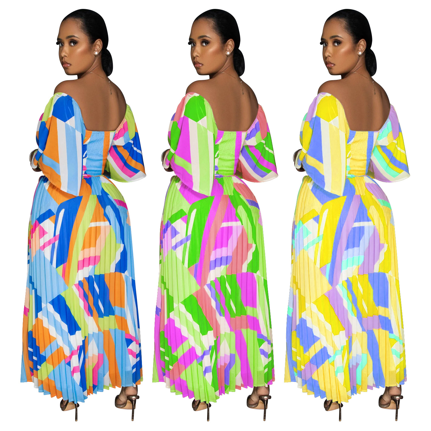 C6879 Cross-border AliExpress Amazon Vestido de falda larga plisada sin espalda con estampado sexy para mujer de moda europea y americana