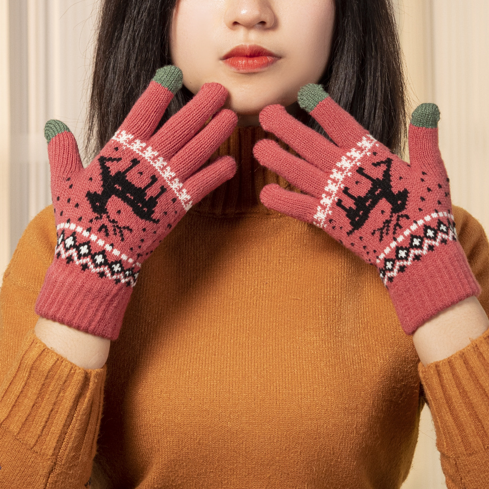 Guantes de pantalla táctil de invierno de doble capa engrosada cálidos guantes forrados de lana para hombres y mujeres guantes de punto jacquard de ciervo