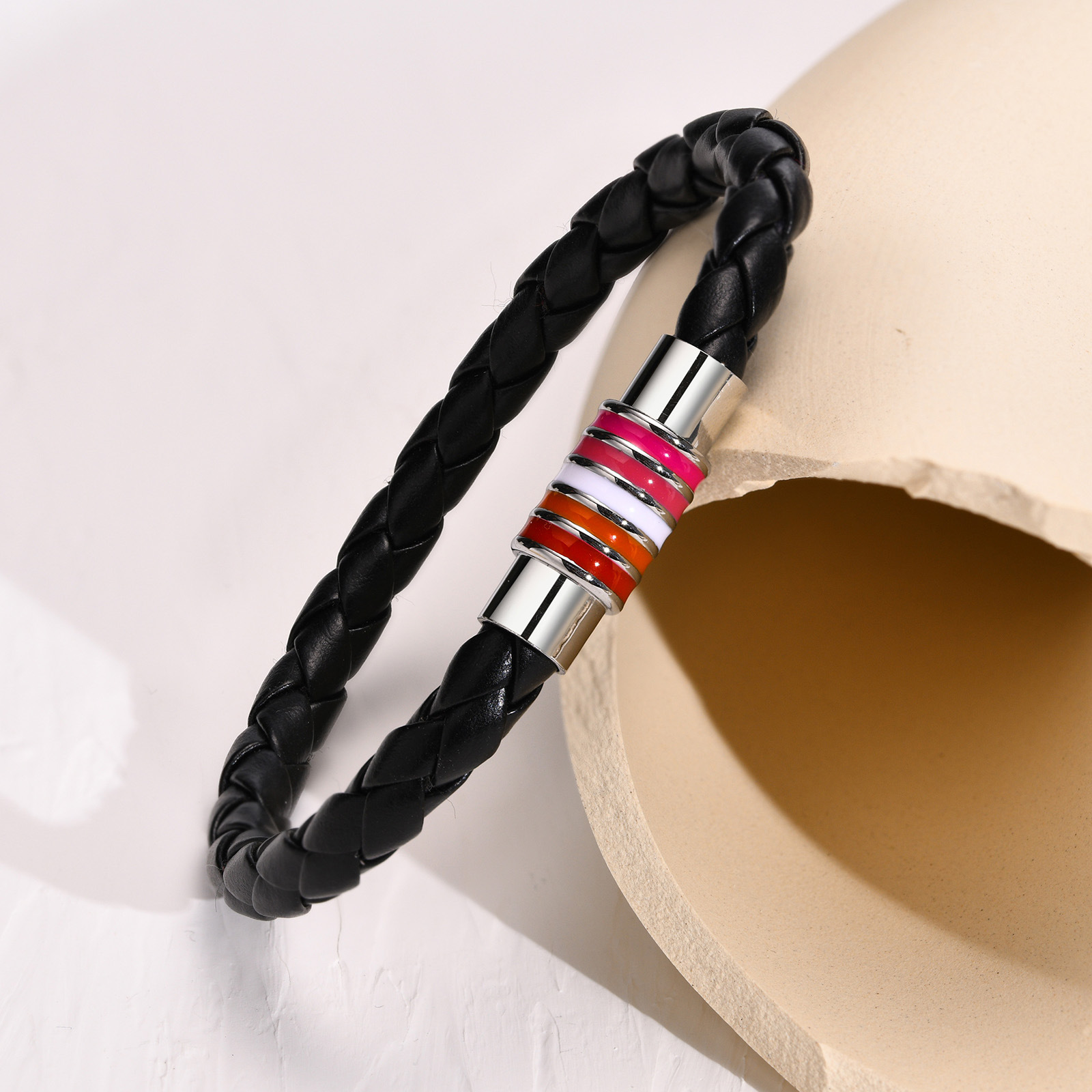Title 30, Regenboog gevlochten titanium stalen leren armb...