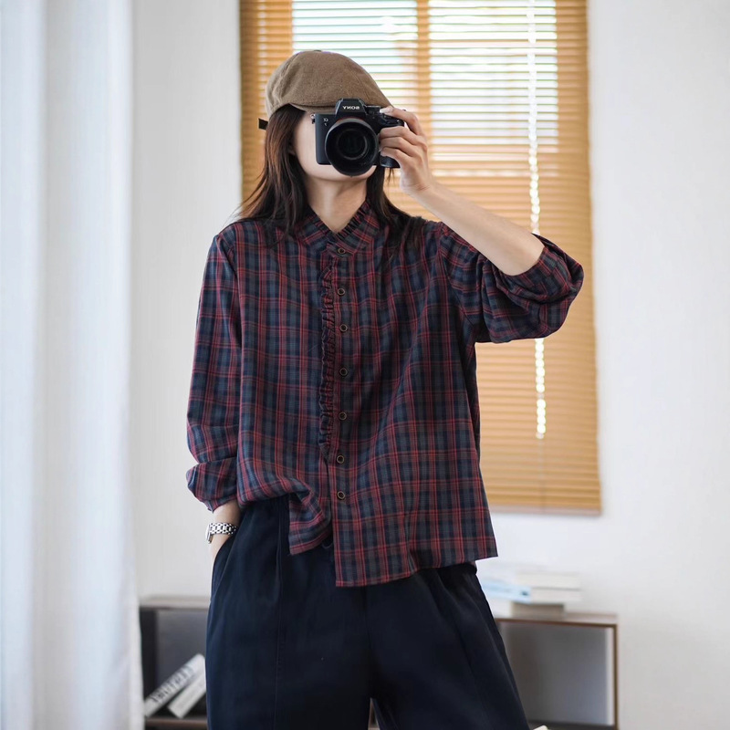 格子衬衫女 2025秋新款森系文艺宽松木耳边双层纱甜美开衫衬衣|undefined