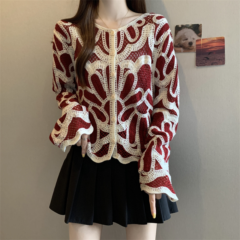Trendy Dopamine Shirt Hollow Red Knit Sweater Autumn Women's Versatile Cardigan Sun Protection Jacket