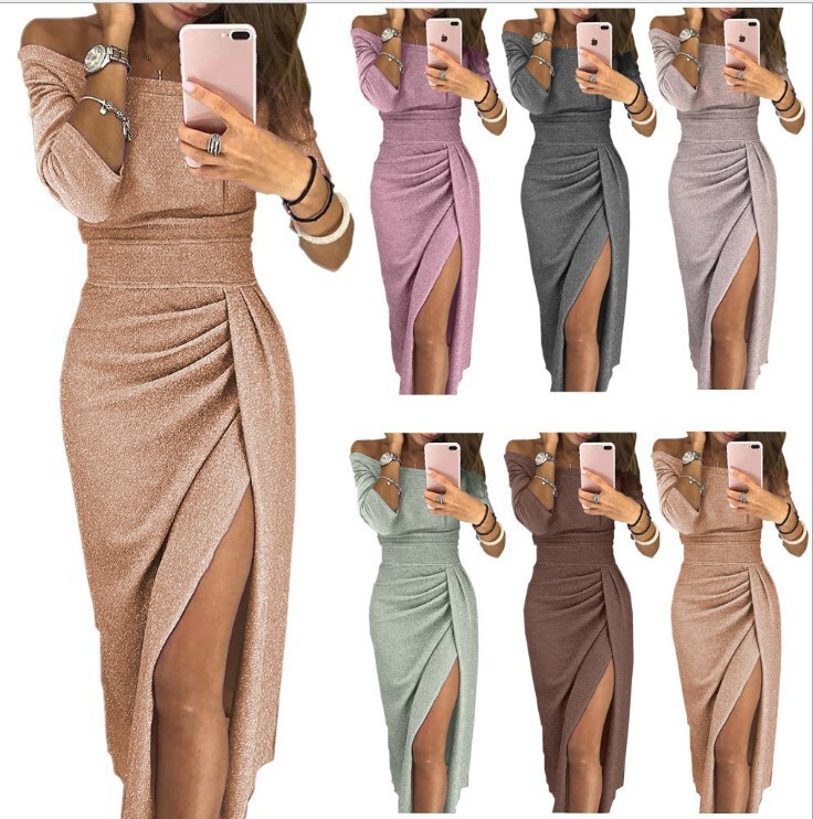 Amazon eBay Women's Hip Slit Collar dress Shiny Dress Dinner dress