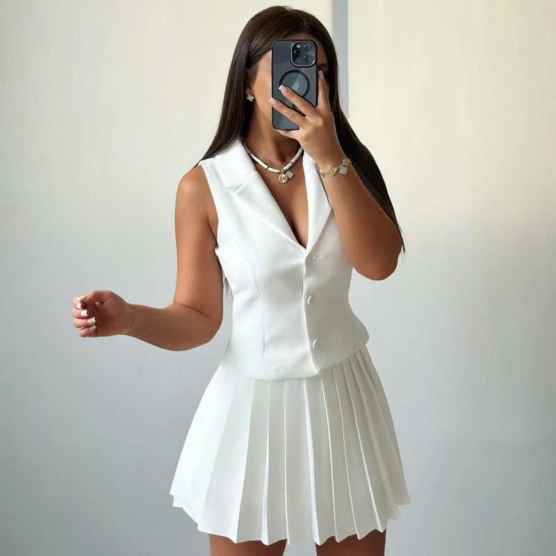 African Spring/Su New European American Women's Outfit: Sleeveless Vest And Pleated Short Skirt Two-Piece Set For_ecoleips.com