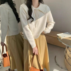温柔风奶系浅蓝软糯甜美套头宽松设计感小众翻领毛衣女系带针织衫