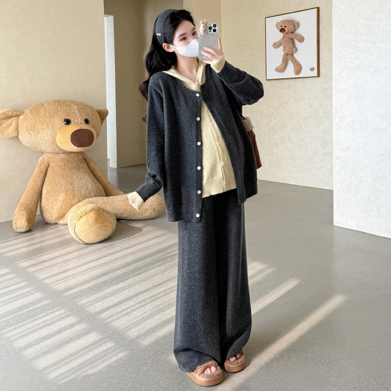 孕妇装2025秋冬新品孕妇假两件撞色连帽毛衣慵懒气质时尚宽松套装|undefined