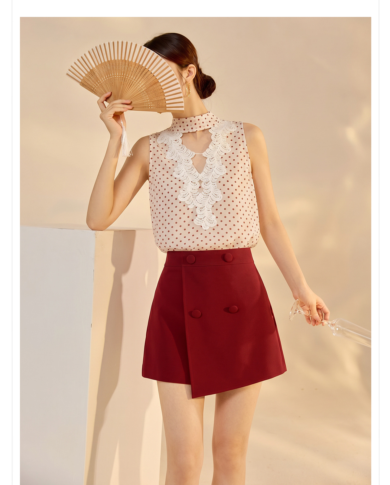 Set vest và chân váy ngắn họa tiết chấm bi phong cách Tân Trung Hoa mùa hè — Trang phục [Vest+Half Dress], nửa váy, Trang phục [Áo vest+quần short], quần đùi chi tiết 5