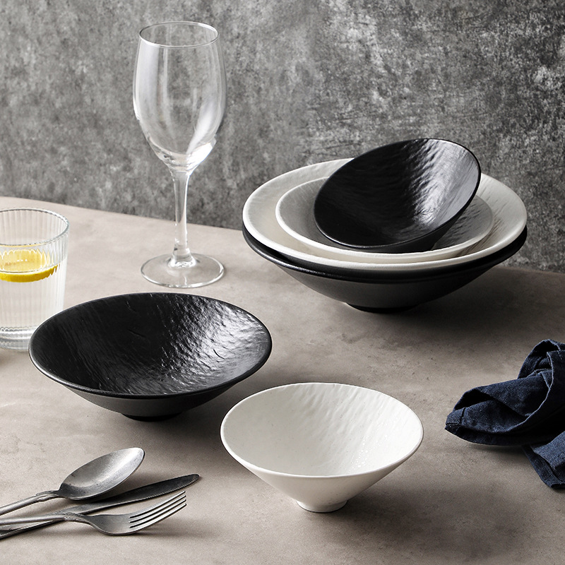 Vajilla de cerámica de patrón de roca tazón de alivio de color sólido en blanco y negro hogar tazón de arroz de alta apariencia tazón de sopa restaurante cubo tazón de fideos