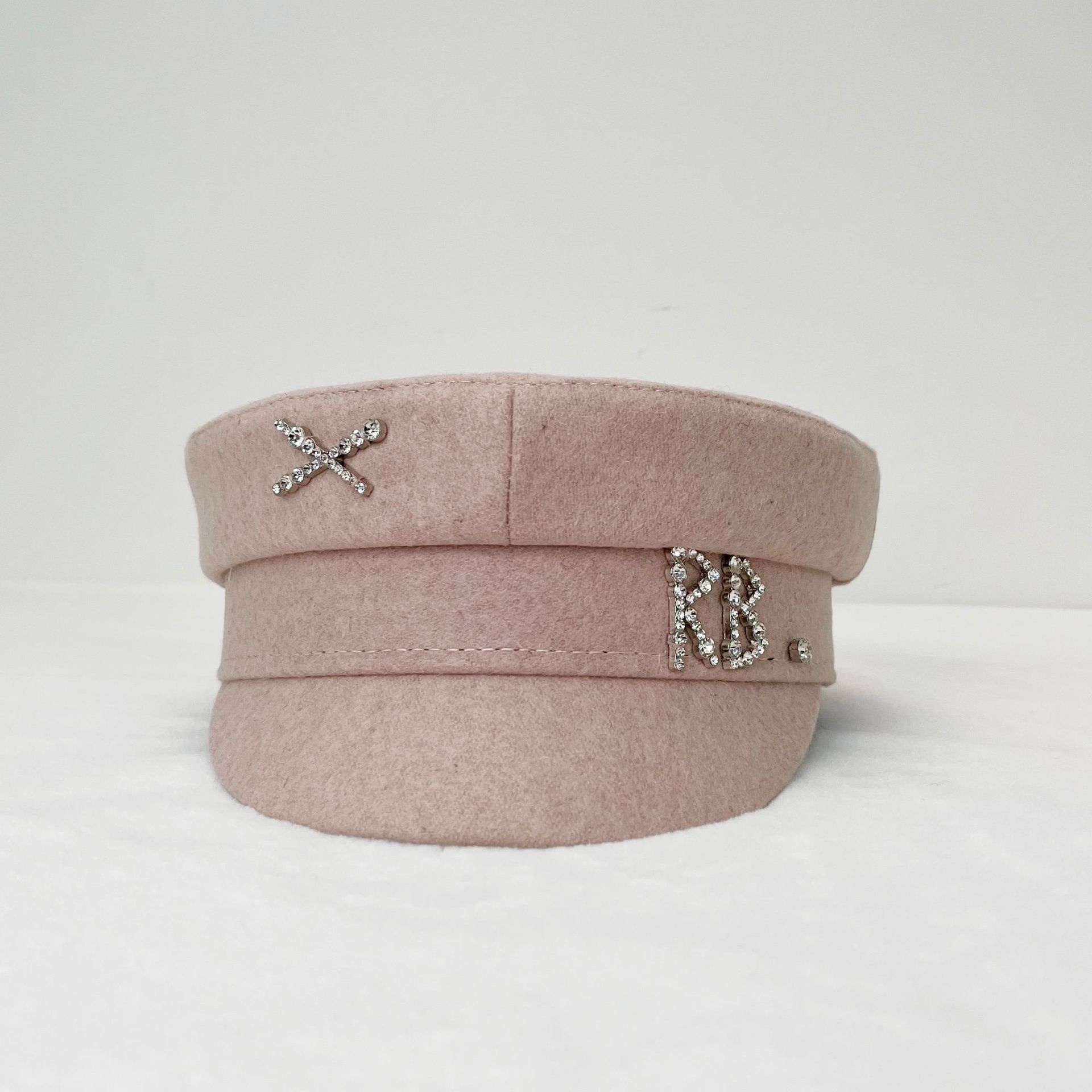 秋冬新款粉色毛呢帽子女金属标rb字母海军帽时尚五金耳环鸭舌帽