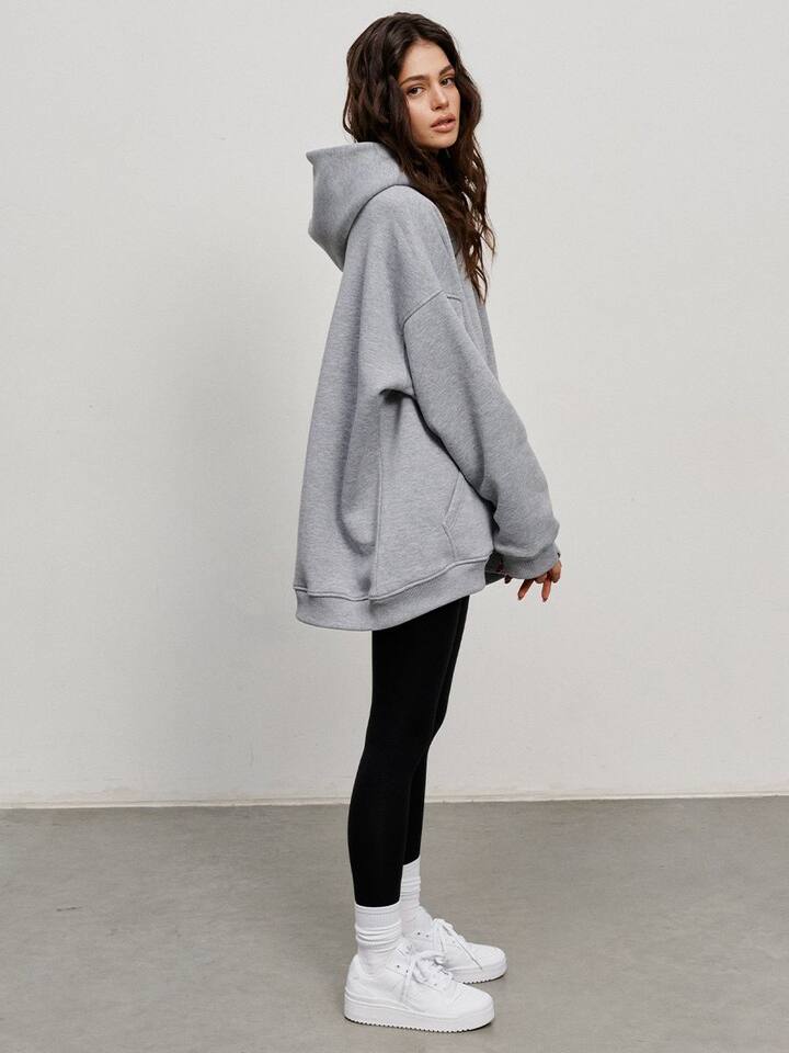 Áo hoodie nỉ lông dáng rộng có mũ và túi, tay dài, dáng unisex — Màu cà phê, Màu hồng, Màu xám, Màu đen chi tiết 31