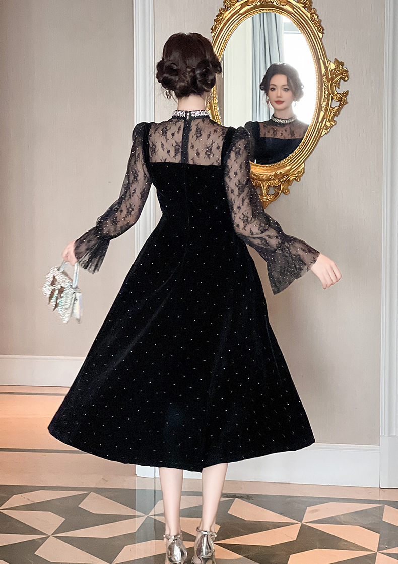 Đầm nhung đính kim cương cổ tròn eo thả dáng giả hai lớp — đen chi tiết 9