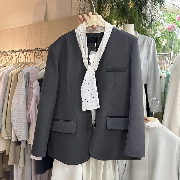 2026 Spring Commuting Women's Blazer Korean Style Loose Fit With Polka Dot Scarf Mid-Length Elegant Versatile Coat_ecoleips.com