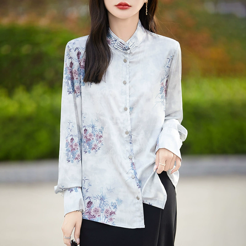 Новая китайская национальная ветреная рубашка ретро с пряжкой и воротником, женская 2024 новая рубашка с принтом, маленькая рубашка, женская темперамент