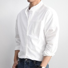 ins高级感白衬衫男新中式日系长袖寸衫春季打底宽松立领亚麻衬衣