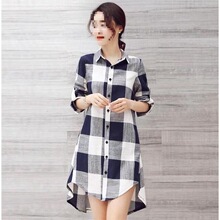 格子中长款衬衫女春秋新款格子外套韩版宽松长袖棉麻衬衣显瘦上衣