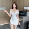 Tassel splicing low cut suspender with buttocks and bottom mesh dress
