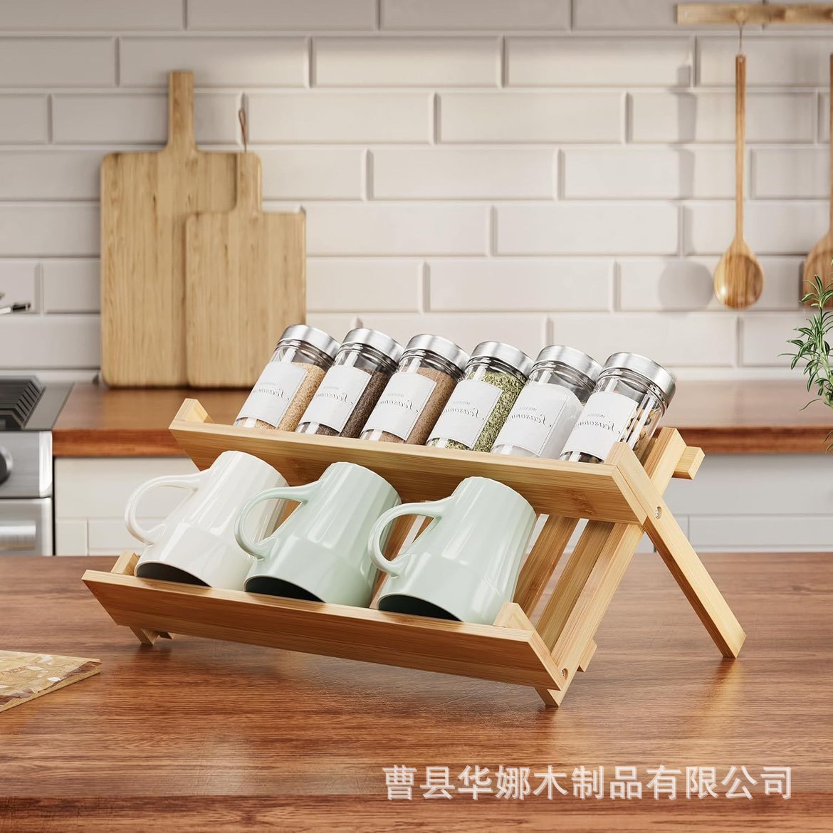 Cross-border manufacturer kitchen bamboo spice rack desktop spice bottle organizer rack household countertop double-layer storage rack