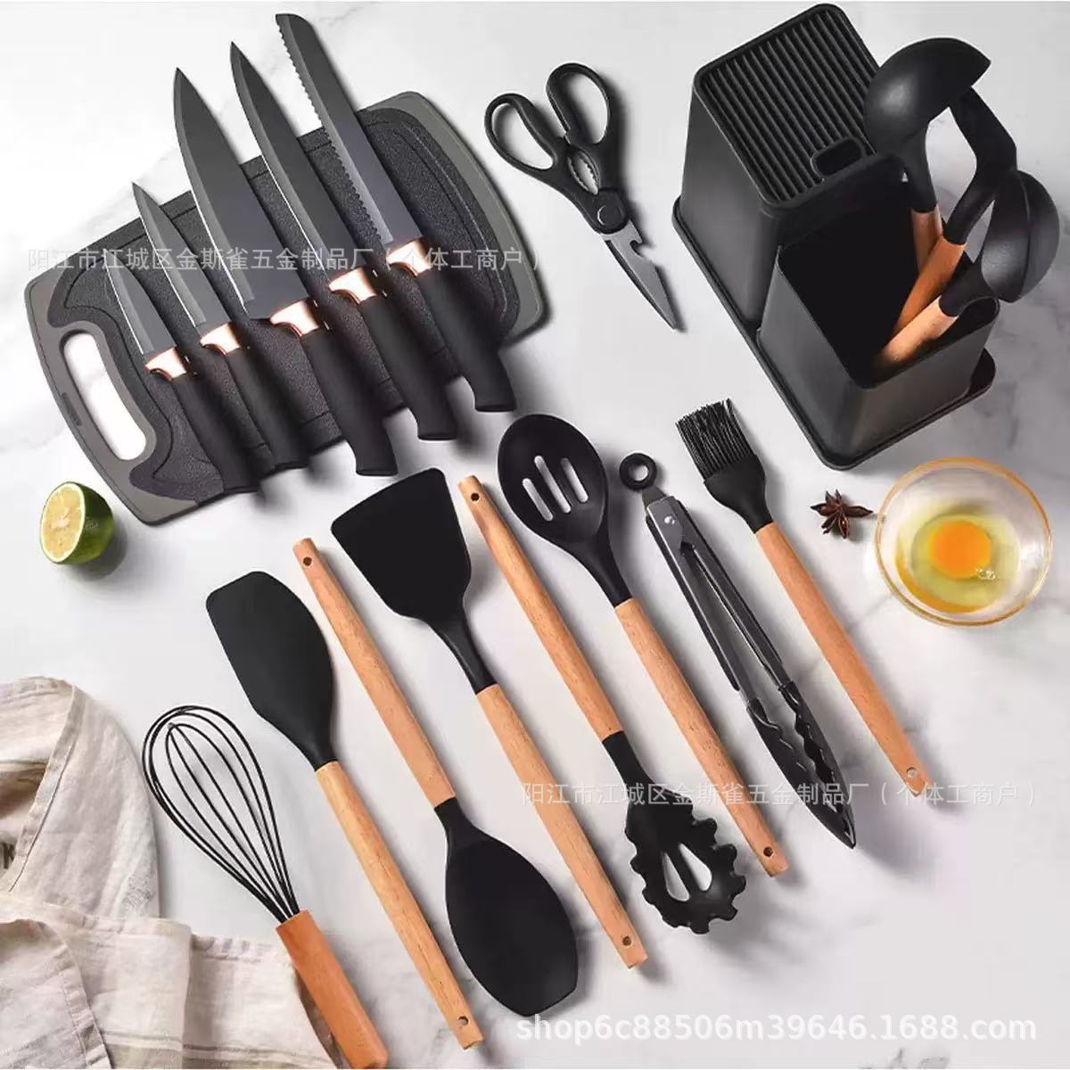 19 piezas de fábrica de cocina de silicona cocina antiadherente resistente a altas temperaturas con cuchillos de silicona con barril de almacenamiento