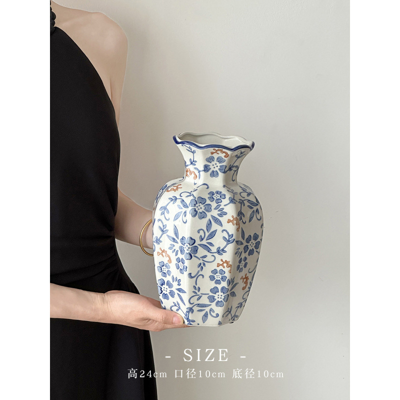 Nuevo jarrón de cerámica azul china nueva decoración de estilo chino sala de estar floral decoración de vestíbulo de estilo antiguo peonía floral