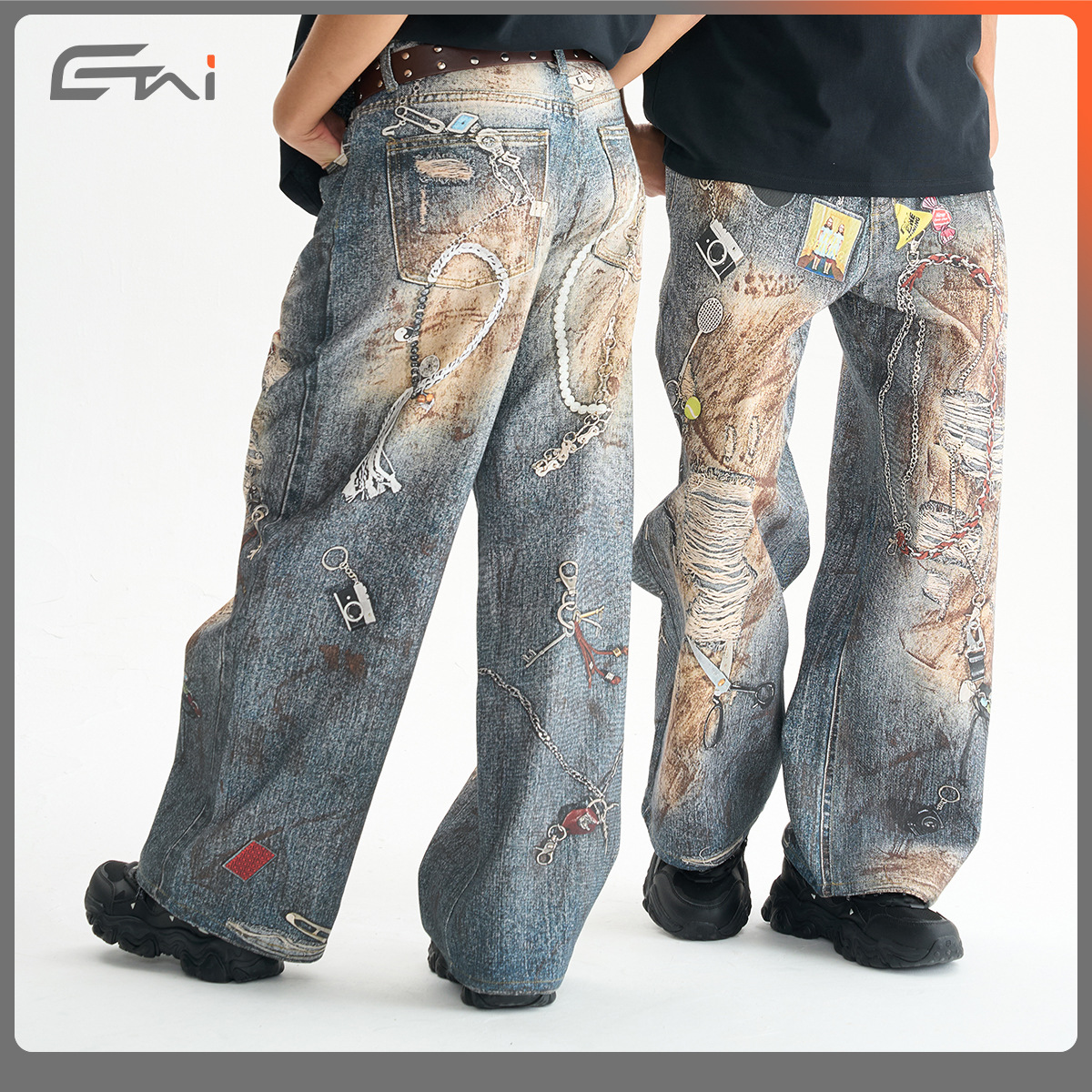 ETAI Hombre| Nuevo algodón recto impresión 3D pantalones casuales retro americano pesado botón jeans hombre
