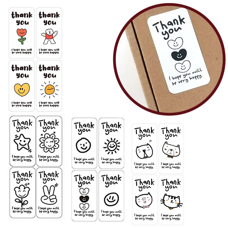 100/Pack Cute Expression Rectangular Sticker Gift Box Sticker Sealing Sticker Fast Food Takeaway Packaging Thank You Sticker
