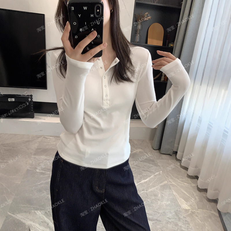 赵可乐~慕斯绒弹力打底衫亨利领扣子修身显瘦极简风长袖T恤|undefined