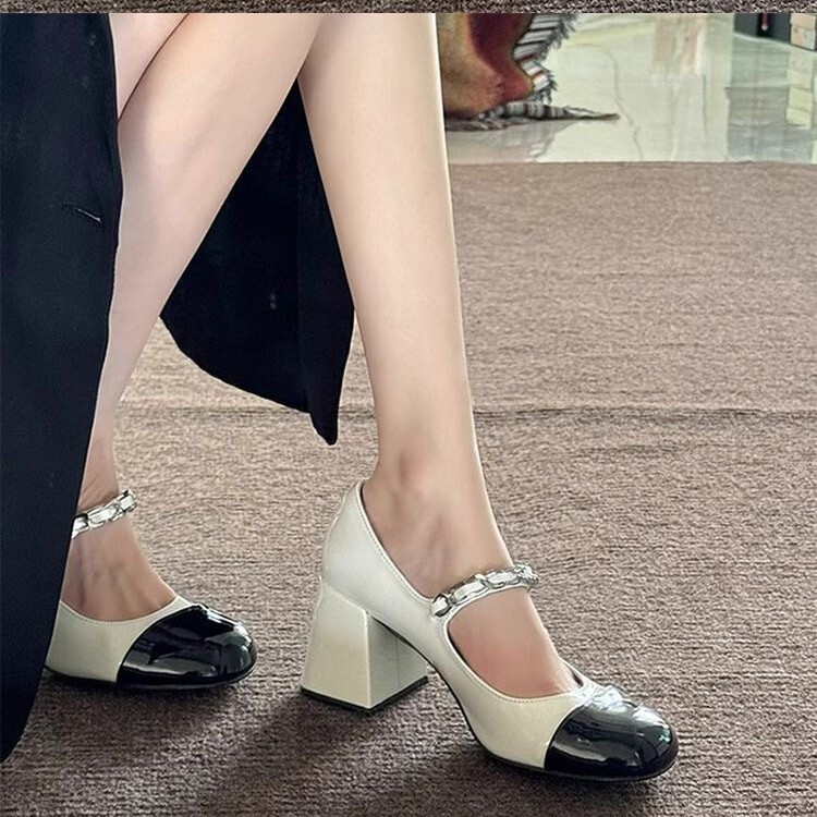 Mary Jane Women's Shoes 2025 Spring & Fall New French High-Heeled Patent Leather Thick Heel Retro Square Toe Shallow Mouth Small Fragrant Style Shoes