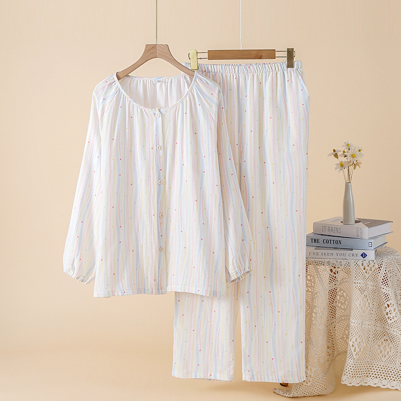 Rainbow Striped Lapel Cardigan Long Sleeve Trousers Cloud Cotton Pajamas Sweet Cute Girl Student Dormitory Home Clothes