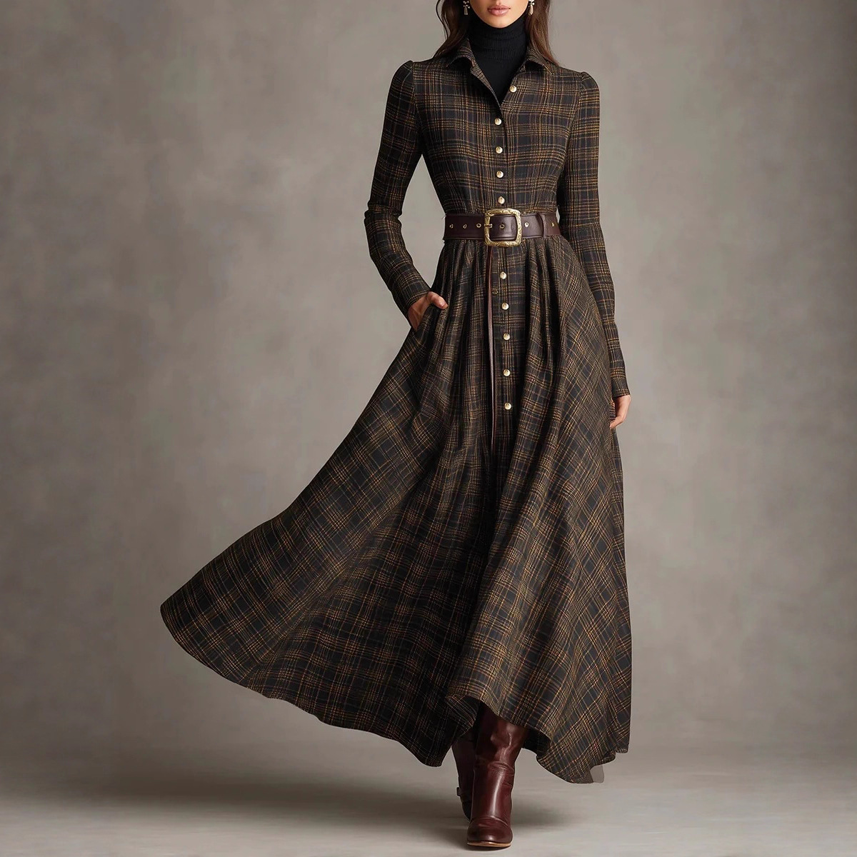 2025 European and American Women's Clothing Amazon Double-Sided Brushed Plaid Lapel Pocket Elastic Waist Shirt Dress