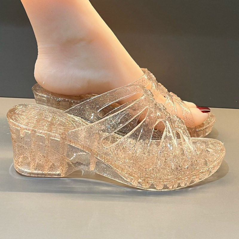 New Summer Crystal Transparent Sandals High Heels Wedge Heels Thick Sole Mom Sandals Women's Summer Outer Wear Fashion