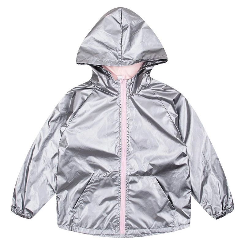 Children's Silver Raincoat Windbreaker Jacket for Older Kids, British Style Trendy Brand with Gold Stamping and Fleece Lining, Children's Rainwear Children's Silver Raincoat Windbreaker Jacket for Older Kids, British Style Trendy Brand with Gold Stamping and Fleece Lining, Children's Rainwear