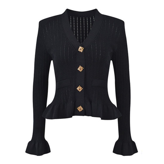 French Elegant New V-neck Sweater Elegant Long-sleeve Hollow Sweater Metal Buckle Ruffled Knitted Cardigan