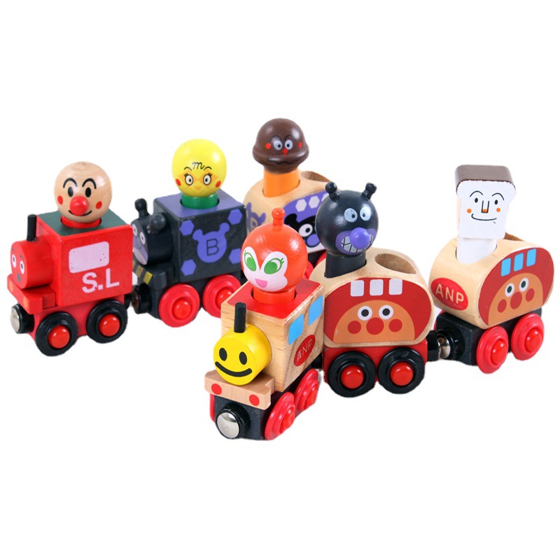 Pan superman de madera de tracción magnética tren pequeño juguete de títeres divertidos para niños se puede combinar con bloques de construcción de órbita 2 años