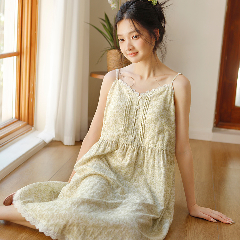 纯欲风夏季女款吊带无袖中长款睡裙纯棉纱布高级感家居服可外穿|undefined