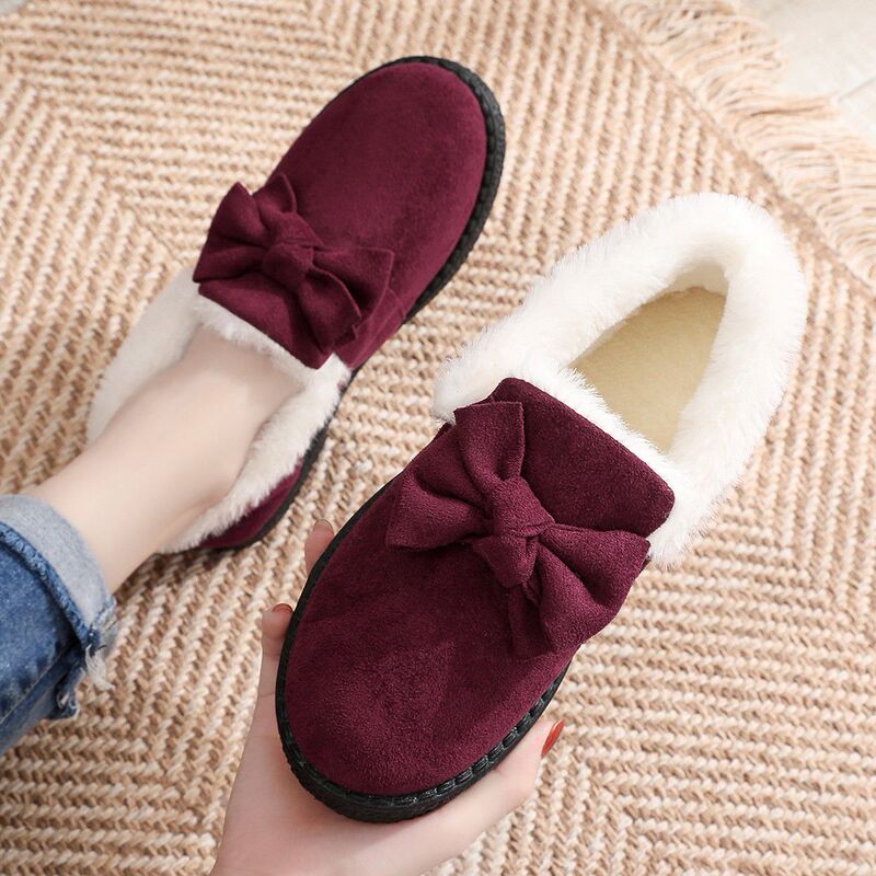 New Winter Cotton Shoes for Women, Winter Velvet Thickeneded Slip-Ons, Non-Slip Warm Short-Tube Bow Snow Boots for Pregnant Women