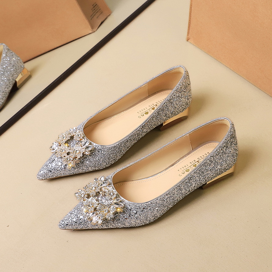 83928-K219 New Chinese style rhinestone metal buckle crystal sequin wedding dress bridal shoes flat bottomed pointed single shoes for women