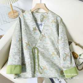 新中式女装国风斜襟单粒扣开衫印花短款外套2026春秋禅意茶服百搭