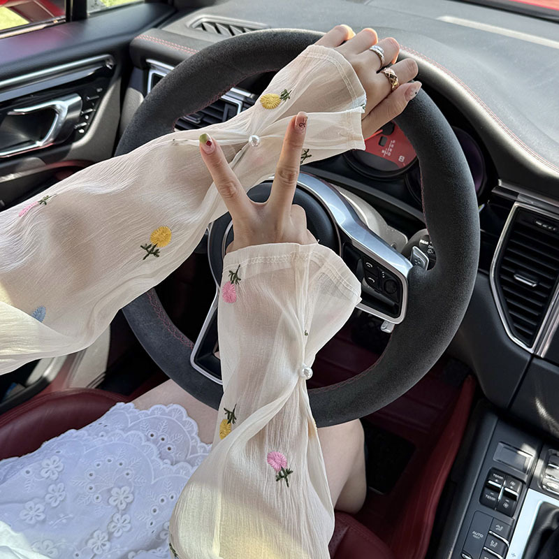 Mangas de hielo, mangas de protección solar, nuevas flores bordadas, mangas acampanadas sueltas, hebilla de perlas, mangas de hielo, mangas de seda de hielo, mangas de seda de hielo, mujeres