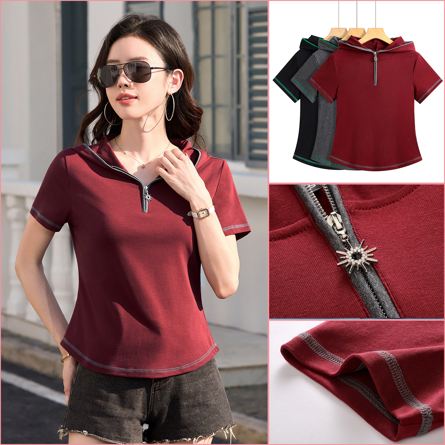 Hooded Zipper Short-Sleeved T-Shirt for Women 2026 New Style Pure Color Korean Style Slim Fit Top 343