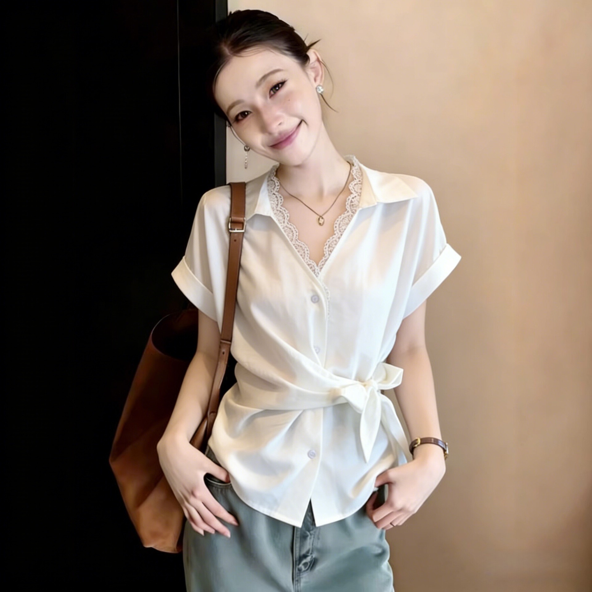 Áo sơ mi ngắn tay nữ ren phối thắt lưng eo, dáng suông che khuyết điểm — xanh lam chi tiết 4