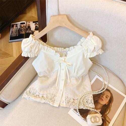 French-Style Heavy Lace Trim Shirt for Women, Summer Design, Off-Shoulder Flutter Sleeves, Elegant Top in Apricot Color