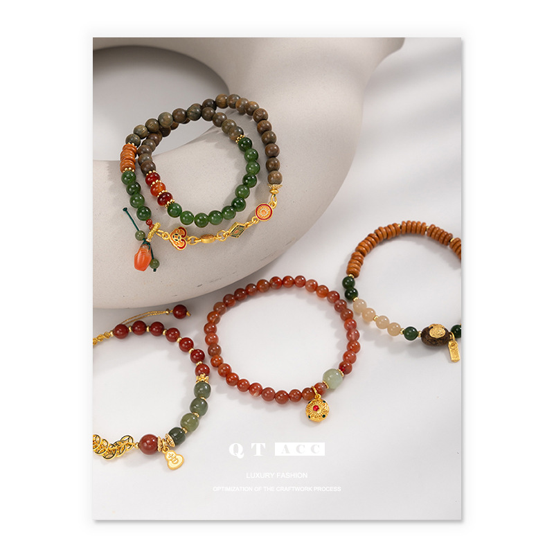 Brazalete de ágata rojo natural del sur nueva calabaza de oro de estilo chino imitación de oro de cobre núcleo de oliva de esmeralda pulsera de madera de sándalo verde para mujeres