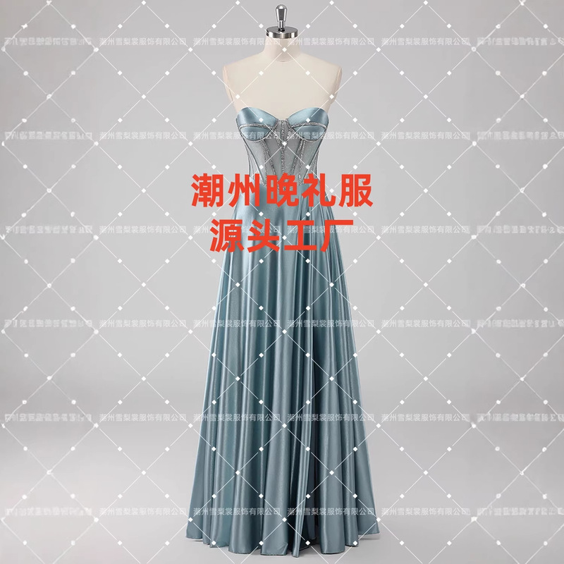 New Style Strapless Sheer Mesh Waist-Cinching Satin Evening Dress European and American Style Adult Ceremony Ball Gown Wholesale New Style Strapless Sheer Mesh Waist-Cinching Satin Evening Dress European and American Style Adult Ceremony Ball Gown Wholesale