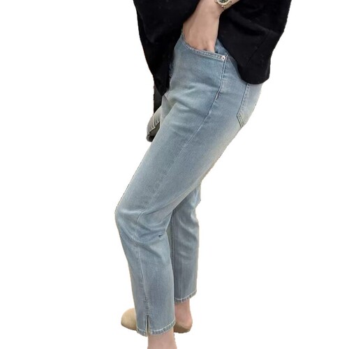 Autumn new style large size elastic split nine-cent straight jeans women's fat mm slimming high waist eight-cent cigarette tube pants